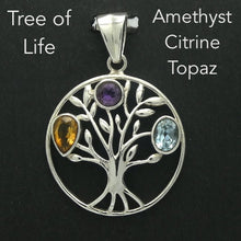 Load image into Gallery viewer, Stylised Tree of Life  set in  925 Sterling Silver  Circle | Faceted Amethyst Citrine Blue Topaz | Genuine Gems from Crystal Heart Melbourne Australia since 1986