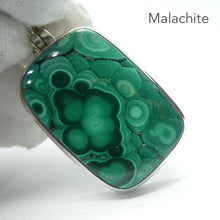 Load image into Gallery viewer, Malachite Pendant | Oblong Cabochon | 925 Silver | String Bezel Setting | open back | Shaped and Hinged Bail | Congo | Delicate Organic Rondels &amp; Banding | Genuine Gems from Crystal Heart Melbourne Australia since 1986