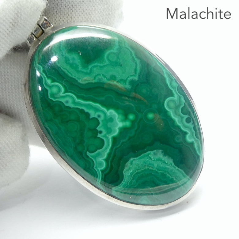 Malachite Pendant | Oval Cabochon | 925 Silver | String Bezel Setting | open back | Shaped and Hinged Bail | Congo | Delicate Organic Rondels & Banding | Genuine Gems from Crystal Heart Melbourne Australia since 1986