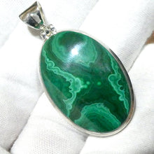 Load image into Gallery viewer, Malachite Pendant | Oval Cabochon | 925 Silver | String Bezel Setting | open back | Shaped and Hinged Bail | Congo | Delicate Organic Rondels &amp; Banding | Genuine Gems from Crystal Heart Melbourne Australia since 1986