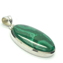 Load image into Gallery viewer, Malachite Pendant | Oval Cabochon | 925 Silver | String Bezel Setting | open back | Shaped and Hinged Bail | Congo | Delicate Organic Rondels &amp; Banding | Genuine Gems from Crystal Heart Melbourne Australia since 1986