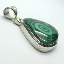 Load image into Gallery viewer, Malachite Pendant | Triangle Cabochon | 925 Silver | Strong Bezel Setting | open back | Shaped and Hinged Bail | Congo | Strong Markings |  Organic Rondels &amp; Banding | Genuine Gems from Crystal Heart Melbourne Australia since 1986