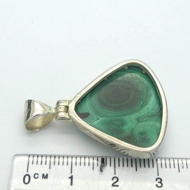 Malachite Pendant | Triangle Cabochon | 925 Silver | Strong Bezel Setting | open back | Shaped and Hinged Bail | Congo | Strong Markings |  Organic Rondels & Banding | Genuine Gems from Crystal Heart Melbourne Australia since 1986