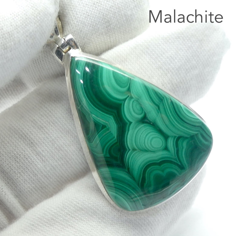 Malachite Pendant | Triangle Cabochon | 925 Silver | Strong Bezel Setting | open back | Shaped and Hinged Bail | Congo | Strong Markings |  Organic Rondels & Banding | Genuine Gems from Crystal Heart Melbourne Australia since 1986