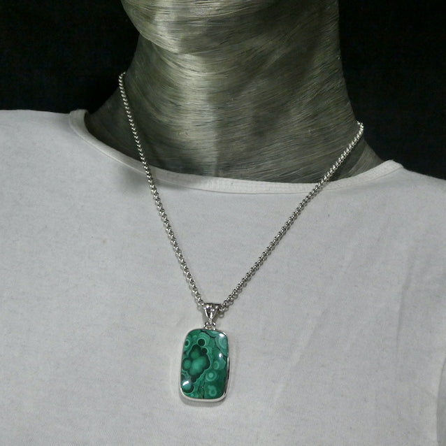 Malachite Pendant | Oblong Cabochon | 925 Silver | String Bezel Setting | open back | Shaped and Hinged Bail | Congo | Delicate Organic Rondels & Banding | Genuine Gems from Crystal Heart Melbourne Australia since 1986