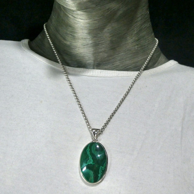 Malachite Pendant | Oval Cabochon | 925 Silver | String Bezel Setting | open back | Shaped and Hinged Bail | Congo | Delicate Organic Rondels & Banding | Genuine Gems from Crystal Heart Melbourne Australia since 1986
