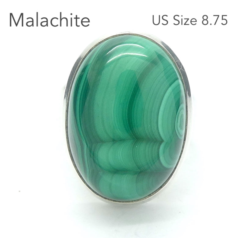 Malachite Ring | Oval Cabochon | Strong Bezel Setting |  Open Backed | Wide Band | 925 Sterling Silver |  US Size 8.75 | AUS Size R | Detox, Feminine Power, Healing Nature | Capricorn Scorpio | Genuine Gems from Crystal Heart Melbourne Australia since 1986