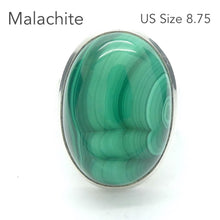 Load image into Gallery viewer, Malachite Ring | Oval Cabochon | Strong Bezel Setting |  Open Backed | Wide Band | 925 Sterling Silver |  US Size 8.75 | AUS Size R | Detox, Feminine Power, Healing Nature | Capricorn Scorpio | Genuine Gems from Crystal Heart Melbourne Australia since 1986