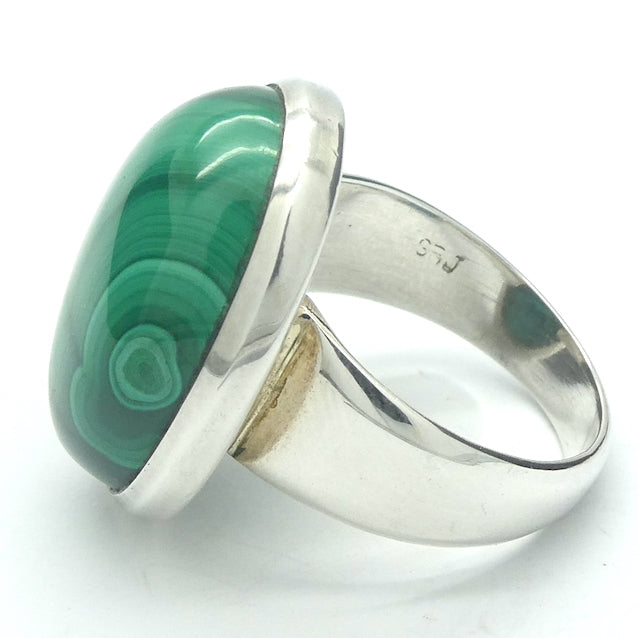 Malachite Ring | Oval Cabochon | Strong Bezel Setting |  Open Backed | Wide Band | 925 Sterling Silver |  US Size 8.75 | AUS Size R | Detox, Feminine Power, Healing Nature | Capricorn Scorpio | Genuine Gems from Crystal Heart Melbourne Australia since 1986