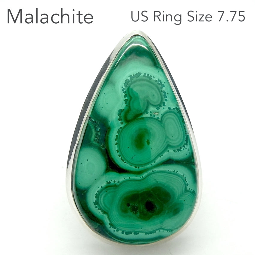 Malachite Ring | Large Teardrop Cabochon | Strong Bezel Setting |  Open Backed | Wide Band | 925 Sterling Silver |  US Size 7.75 | AUS Size P | Detox, Feminine Power, Healing Nature | Capricorn Scorpio | Genuine Gems from Crystal Heart Melbourne Australia since 1986