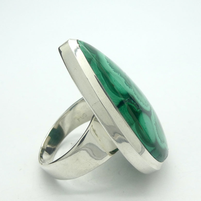 Malachite Ring | Large Teardrop Cabochon | Strong Bezel Setting |  Open Backed | Wide Band | 925 Sterling Silver |  US Size 7.75 | AUS Size P | Detox, Feminine Power, Healing Nature | Capricorn Scorpio | Genuine Gems from Crystal Heart Melbourne Australia since 1986