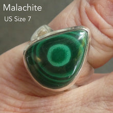 Load image into Gallery viewer, Malachite Ring | Teardrop Cabochon | Strong Bezel Setting |  Open Backed | Wide Band | 925 Sterling Silver |  US Size 7  | AUS Size N1/2 | Detox, Feminine Power, Healing Nature | Capricorn Scorpio | Genuine Gems from Crystal Heart Melbourne Australia since 1986