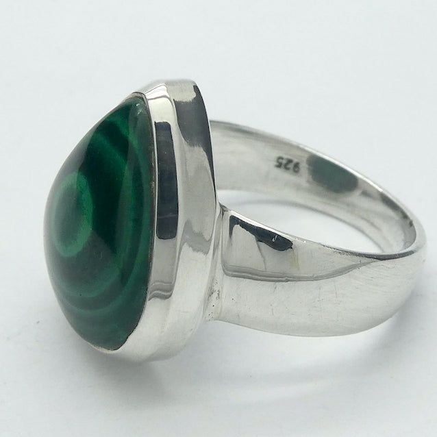 Malachite Ring | Teardrop Cabochon | Strong Bezel Setting |  Open Backed | Wide Band | 925 Sterling Silver |  US Size 7  | AUS Size N1/2 | Detox, Feminine Power, Healing Nature | Capricorn Scorpio | Genuine Gems from Crystal Heart Melbourne Australia since 1986