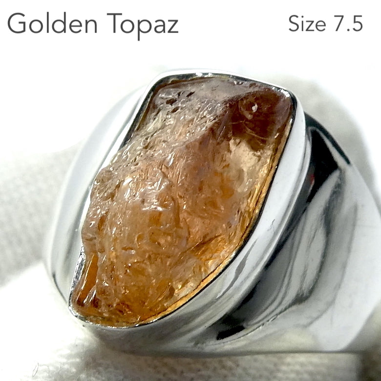 Golden Topaz Ring | Raw Gem Quality Crystal  | Solid Signet Style in 925 Sterling Silver | US Size 7.5 | AUS Size O1/2 | Scorpio Stone | Warm fulfilling healing energy | Emotional independence | Manifestation | Genuine Gems from Crystal Heart Melbourne since 1986