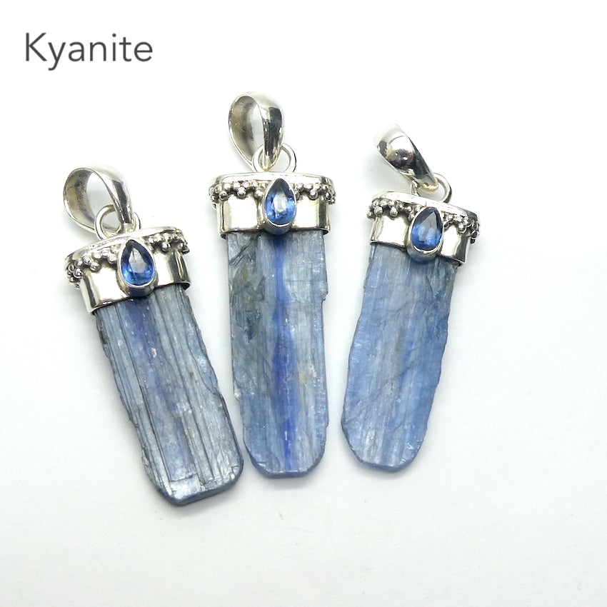 Blue Kyanite Uncut Crystal | Facet Teardop of Gemmy Kyanite as Accent | 925 Sterling Silver Cap with Silver Detail | Protective for EMFs | Doesn't hold Negativity | Spiritual Vision | Improves Perception | Genuine Gems from Crystal Heart Melbourne Australia since 1986