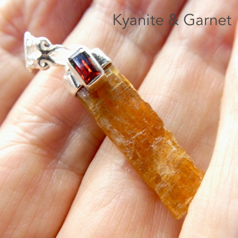 Raw Orange Kyanite Pendant | Faceted Garnet Accent | 925 Sterling Silver | Energise and Focus | Protective for EMFs and Negativity | Vision and Motivation | Download Higher Information | Genuine Gems from Crystal Heart Melbourne Australia since 1986