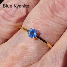 Load image into Gallery viewer, Blue Kyanite Ring | Sapphire Blue  Faceted round | Gold plated 925 Sterling Silver | AKA Vermeil | Dainty Solitaire | US Size 5, 6, 8, 9 |Stimulate Inner Vision | Uplift and protect the Heart | Taurus Libra Aries Gemstone | Genuine Gems from Crystal Heart Melbourne Australia since 1986