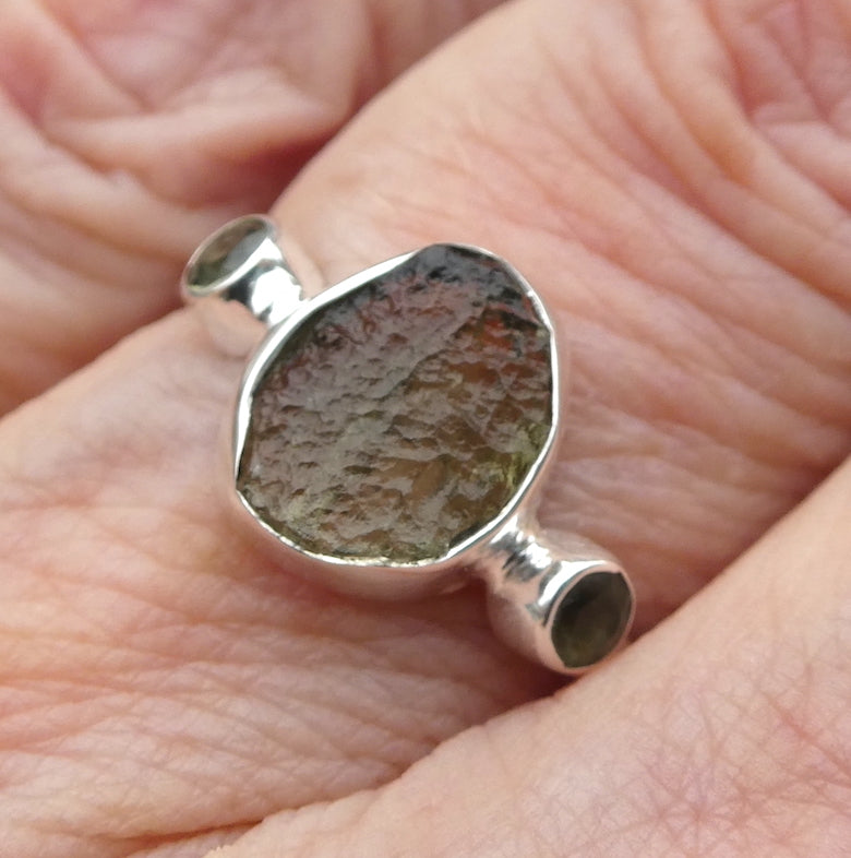 Raw Natural Moldavite Ring with faceted Moldavite outriders  | 925 Sterling Silver | Open back | US Size 7, 8, 8.25 | Green Obsidian |  CZ Republic | Intense Personal Heart Transformation | Scorpio Stone | Genuine Gems from Crystal Heart Melbourne Australia since 1986