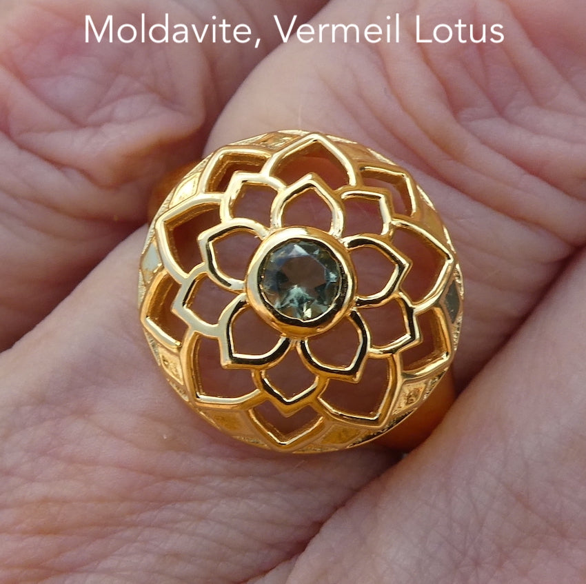 Moldavite Ring | Faceted round | Stylised Lotus Design | 18K Gold Plated 925 Sterling Silver | Vermeil | Open back | US Size 6 | 7 | 8  |9 | Natural Green Obsidian |  CZ Republic | Intense Personal Heart Transformation | Scorpio Stone | Genuine Gems from Crystal Heart Melbourne Australia since 1986