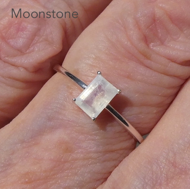 Rainbow Moonstone Ring | Dainty Faceted Oblong | Claw Set Solitaire | 925 Sterling Silver  | US Size 6 | 7 | 8 | 9 | Cancer Libra Scorpio | Genuine Gems from Crystal Heart Melbourne Australia since 1986