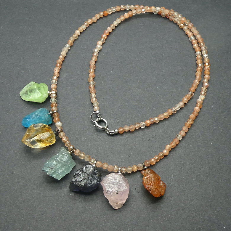 2.5 mm Faceted Sunstone Beads Necklace with Raw Gemstone Nuggets of Peridot, Aquamarine, Morganite, Hessonite Garnet, , Apatite, Citrine| Genuine gemstones from Crystal Heart Melbourne Australia since 1986