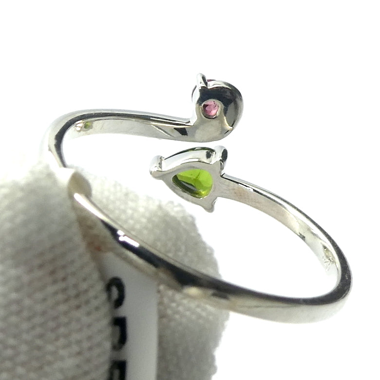 Tourmaline Ring | Two Faceted Sones | Green Teardrop | Red Round | 925 Sterling | Adjustable | US Size 5, 6, 7, 8 | Supercharge and unblock the heart | Emotional Clarity | Self Empowerment | Genuine Gems from Crystal Heart Australia since 1986