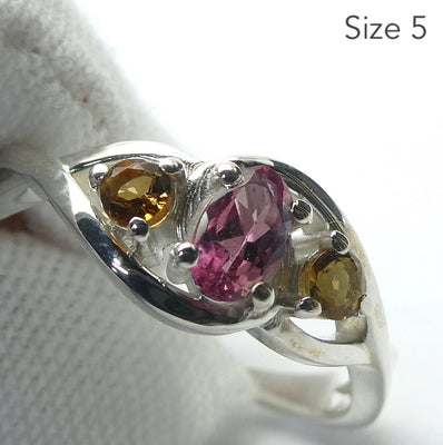 Tourmaline Ring | Three Faceted Stones | Green oval | Red Round s| 925 Sterling | Adjustable | US Size 5, 6, 7, 8 and 10 | Supercharge and unblock the heart | Emotional Clarity | Self Empowerment | Genuine Gems from Crystal Heart Australia since 1986