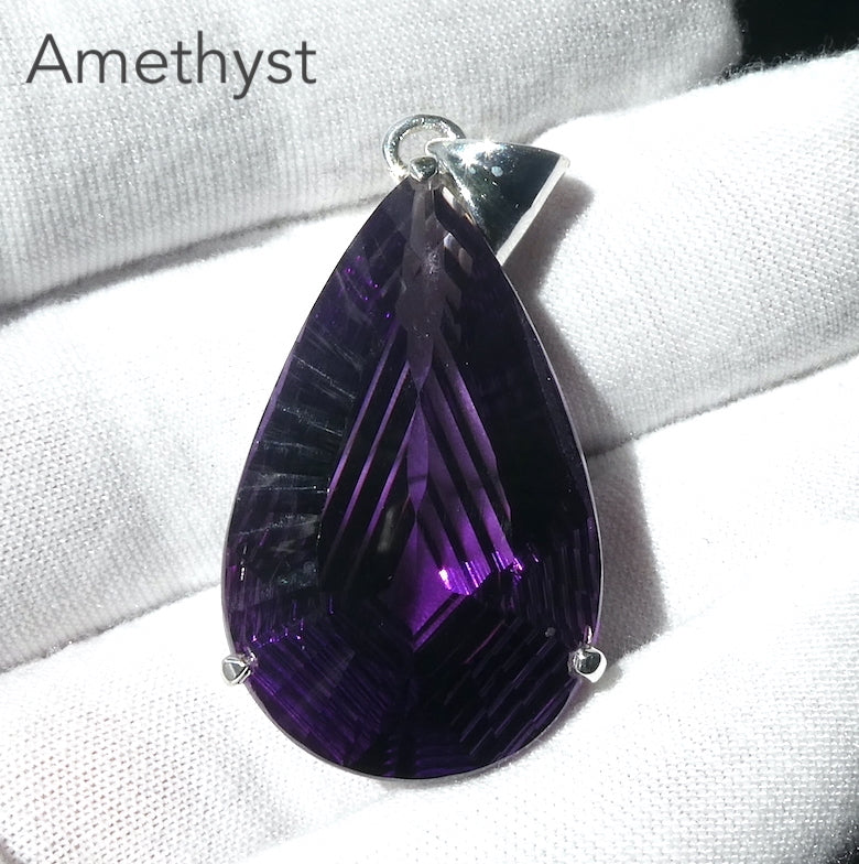 Amethyst Pendant | Large Faceted Teardrop Gemstone | Deep cut with special fancy cut on reverse | 925 Sterling Silver | Mesmerising Beauty | Quality Silver Work | Genuine Gems from Crystal Heart Melbourne Australia since 1986
