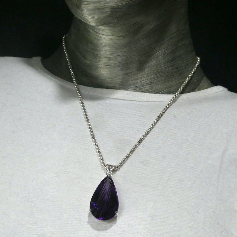Amethyst Pendant | Large Faceted Teardrop Gemstone | Deep cut with special fancy cut on reverse | 925 Sterling Silver | Mesmerising Beauty | Quality Silver Work | Genuine Gems from Crystal Heart Melbourne Australia since 1986