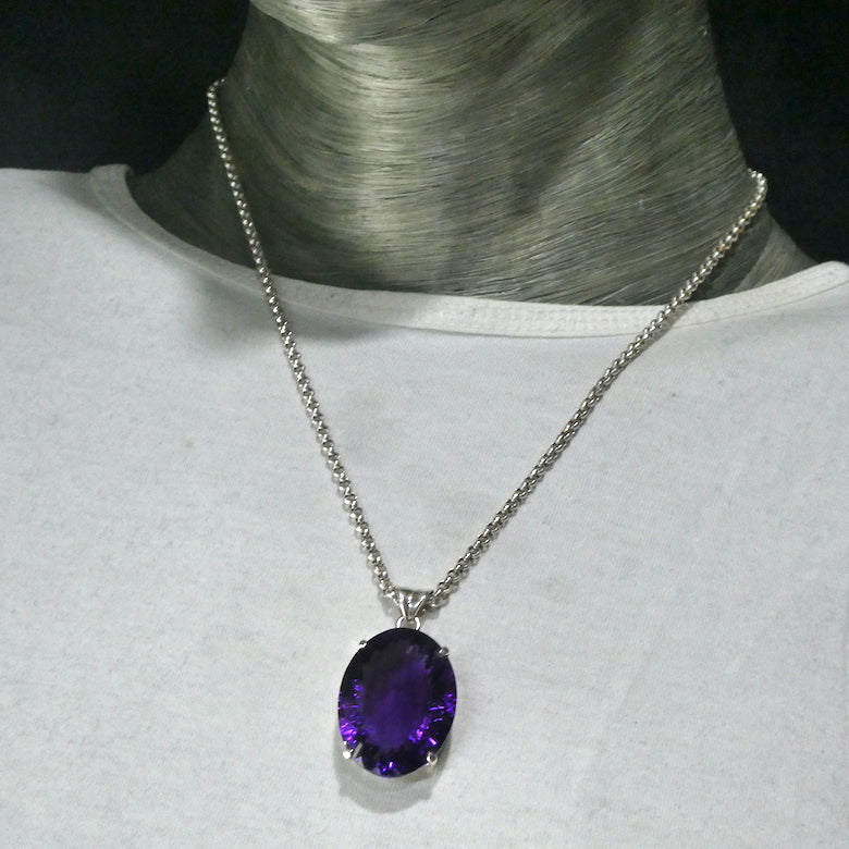Amethyst Pendant | Large Faceted Oval Gemstone | AAA Grade | Deep cut | Special fancy cut on reverse | 925 Sterling Silver | Mesmerising Beauty | Quality Silver Work | Genuine Gems from Crystal Heart Melbourne Australia since 1986