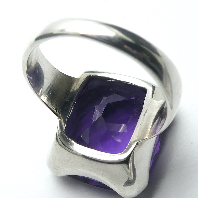 Amethyst Ring, Faceted Oblong, Large Stone, 925 Silver