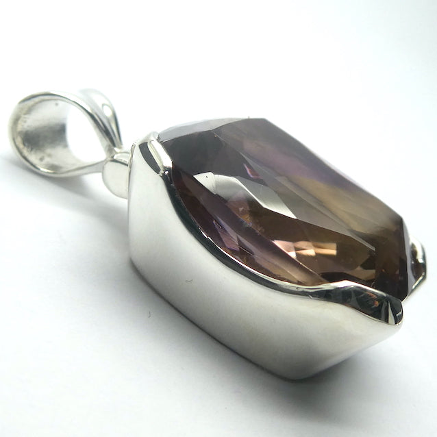 Ametrine Pendant | Faceted Oblong | Amethyst & Citrine Zoning | 925 Sterling Silver | Simple well made Besel Setting with classy hinged bail | Libra Stone | Genuine Stones from Crystal Heart Melbourne Australia since 1986