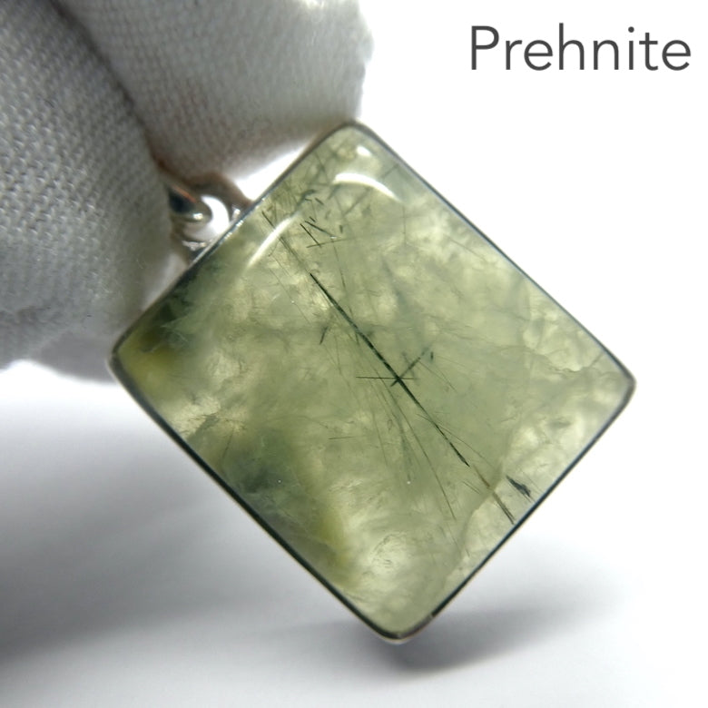 Prehnite Gemstone Pendant | Cabochon with Black Tourmaline inclusions | 925 Sterling Silver | Bezel Set | Open Back | Libra Star Stone | Genuine Gems from Crystal Heart Melbourne Australia since 1986