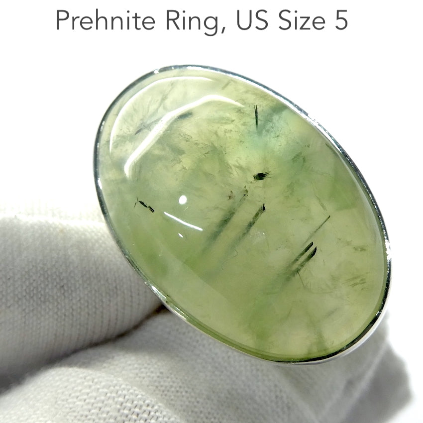 Prehnite Gemstone Ring| Cabochon with Tourmaline, Epidote, Actinolite inclusions | 925 Sterling Silver | Bezel Set | Open Back | US Ring Size 6.5 | AUS Size M1/2 | Libra Star Stone | Genuine Gems from Crystal Heart Melbourne Australia since 1986