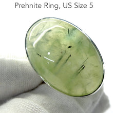 Load image into Gallery viewer, Prehnite Gemstone Ring| Cabochon with Tourmaline, Epidote, Actinolite inclusions | 925 Sterling Silver | Bezel Set | Open Back | US Ring Size 6.5 | AUS Size M1/2 | Libra Star Stone | Genuine Gems from Crystal Heart Melbourne Australia since 1986