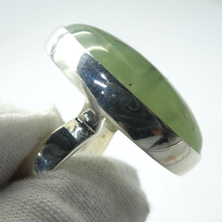 Prehnite Gemstone Ring| Cabochon with Tourmaline, Epidote, Actinolite inclusions | 925 Sterling Silver | Bezel Set | Open Back | US Ring Size 6.5 | AUS Size M1/2 | Libra Star Stone | Genuine Gems from Crystal Heart Melbourne Australia since 1986
