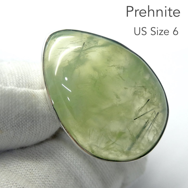 Prehnite Gemstone Ring| Cabochon with Tourmaline, Epidote, Actinolite inclusions | 925 Sterling Silver | Bezel Set | Open Back | US Ring Size 6 | AUS Size L1/2 | Libra Star Stone | Genuine Gems from Crystal Heart Melbourne Australia since 1986
