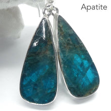 Load image into Gallery viewer, Neon Blue Apatite Earrings | Translucent Teardrop Cabochon | 925 Sterling Silver | Bezel Set | Open backed | Genuine Gems from  Crystal Heart Melbourne Australia since 1986
