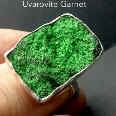 Uvarovite Garnet Cluster Ring | Vivid Green Well Defined Crystal Druze | Very Rare | 925 Sterling Silver | Adjustable Size | US 7 to US 8.5 | Genuine Gems from Crystal Heart Melbourne Australia since 1986