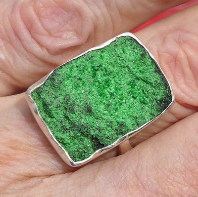 Uvarovite Garnet Cluster Ring | Vivid Green Well Defined Crystal Druze | Very Rare | 925 Sterling Silver | Adjustable Size | US 7 to US 8.5 | Genuine Gems from Crystal Heart Melbourne Australia since 1986