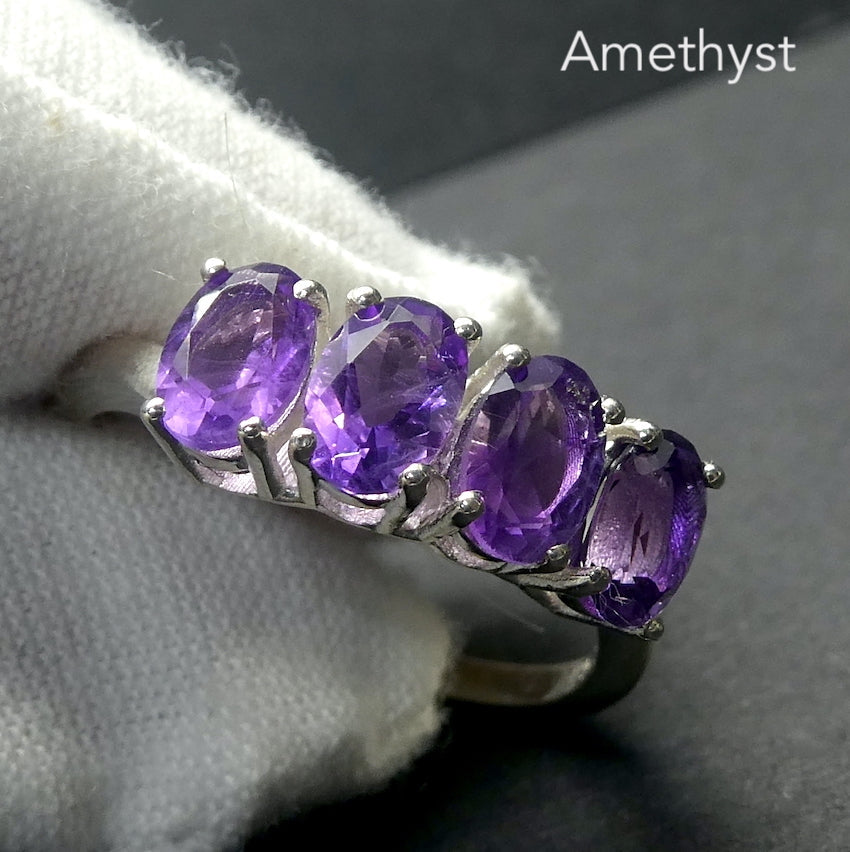 Amethyst Ring | 4 Faceted Ovals | Line set with strong rounded claws | Beautiful Colour and Clarity | 925 Silver | Classic Elegance | US Size 5 |6 | 7 | 8 | 9 | 10 | Genuine gems from Crystal Heart Australia since 1986
