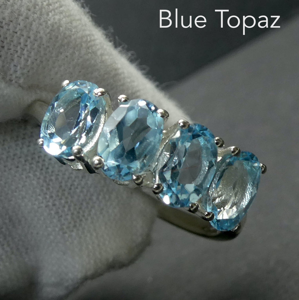 Blue Topaz Ring | 4 Faceted Ovals | Line set with strong rounded claws | Beautiful Colour and Clarity | 925 Silver | Classic Elegance | US Size 5 |6 | 7 | 8 | 9 | 10 | Genuine gems from Crystal Heart Australia since 1986