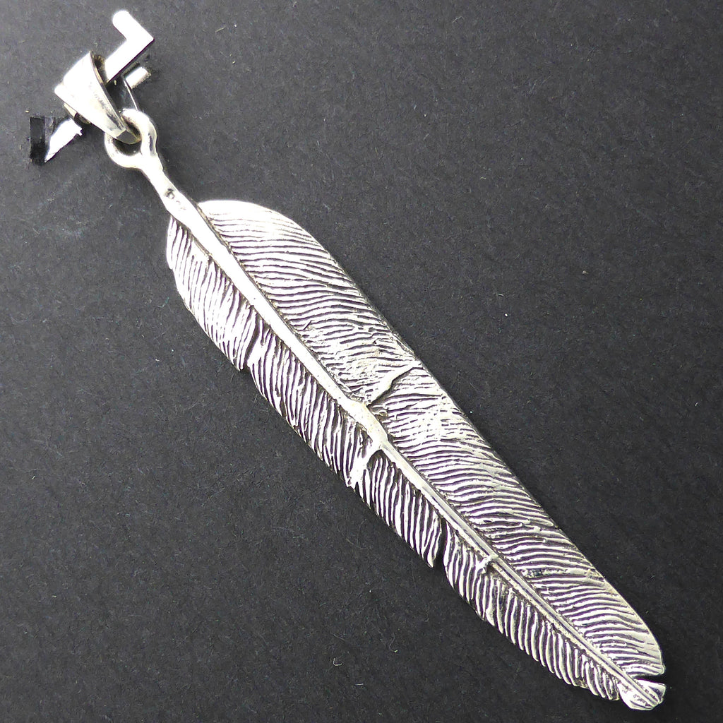 Pendant Feather | 925 Sterling Silver | Slim Feather | Life like detail |  Eagle's head  on reverse | Crystal Heart Melbourne Australia since 1986