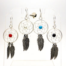 Load image into Gallery viewer, Dreamcatcher Earrings | 925 Sterling Silver | Oxidised Silver Feathers | Coral | Turquoise | Onyx |  Crystal Heart Melbourne Australia since 1986
