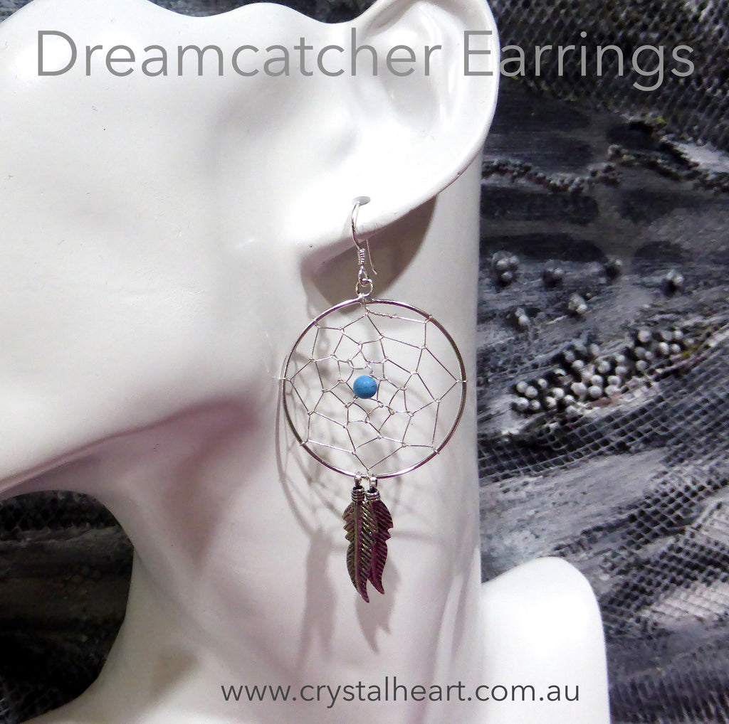 Dreamcatcher Earring | 925 Sterling Silver | Oxidised Silver Feathers | Turquoise Bead | Crystal Heart Melbourne Australia since 1986