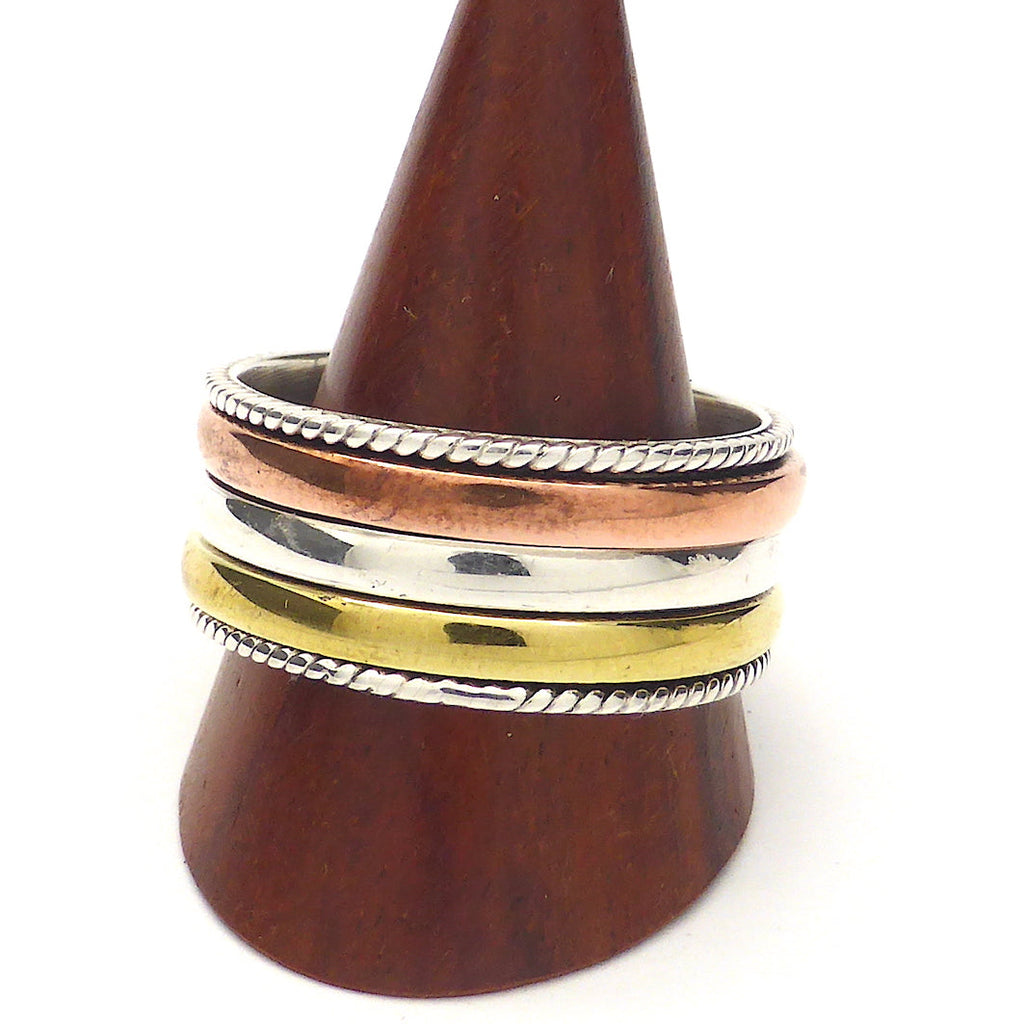 Spinning Ring 3 tone colour | 925 Sterling Silver | Bronze, Copper and Silver spinning bands held by silver rope work | Attractive and relaxing by spinning the bands when stressed | Crystal Heart Melbourne Australia since 1986