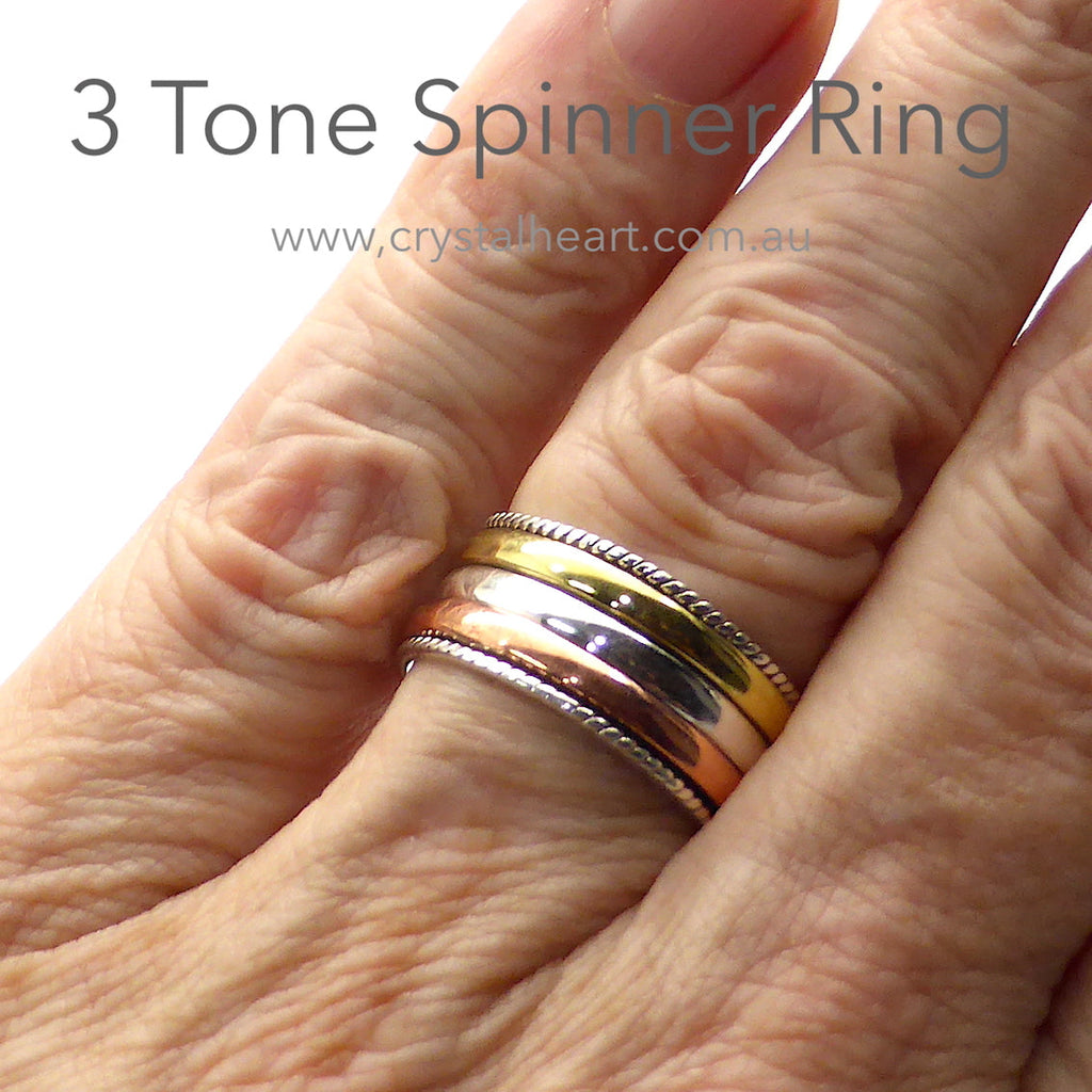 Spinning Ring 3 tone colour | 925 Sterling Silver | Bronze, Copper and Silver spinning bands held by silver rope work | Attractive and relaxing by spinning the bands when stressed | Crystal Heart Melbourne Australia since 1986