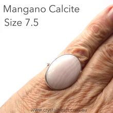 Load image into Gallery viewer, Mangano Calcite Ring | Oval Cabochon | 925 Sterling Silver Setting | US Size 7.5 | AUS Size O 1/2 | Soft Pink with Vanilla Veins | Perfect Heart Healing, especially grief and Trauma | Aids recovery from stress | Genuine Gemstones from Crystal Heart Melbourne Australia since 1986