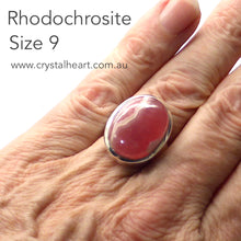 Load image into Gallery viewer, Rhodochrosite Ring | Oblong Cab | Besel Set with generous band |  925 Silver | US size 9 | AUS Size R 1/2 | Passionate Heart | Loving Dream realisation | Scorpio Leo | Genuine Gems from Crystal Heart Australia 1986
