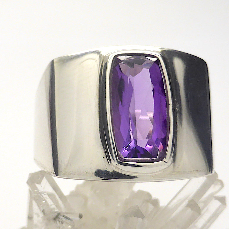 Amethyst Ring | AAA Flawless rectangular stone | Sterling Silver | US Size 7.5 or 8.5 | AUS Size O1/2 or Q 1/2 | Italian Design | Angular Post Modern | Unisex | Stone of Meditation, purifying | Genuine Gems from Crystal Heart Melbourne Australia since 1986